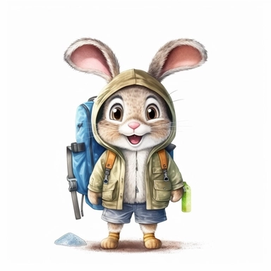 cute Rabbit character wearing camping clothes and camping gear with happy face,front facing on isolated background,with happy face and expression,Animal Sublimation Clipart,no splash watercolor,white background, ultra detailed clipart, cut out image, colorful watercolor realistic, cartoon style, ultra HD, sharp and clean art