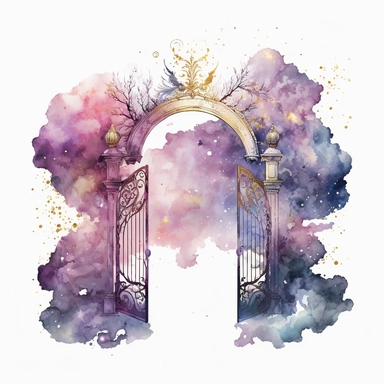 Watercolor Heavenly Gates Clipart, fantasy heaven galaxy watercolor painting, on white background