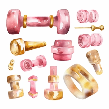 sweet pink and gold hand-painted in watercolors, workout equipment clipart, dumbbell clipart , isolated white background, single design, sharp, bold, hand-paint