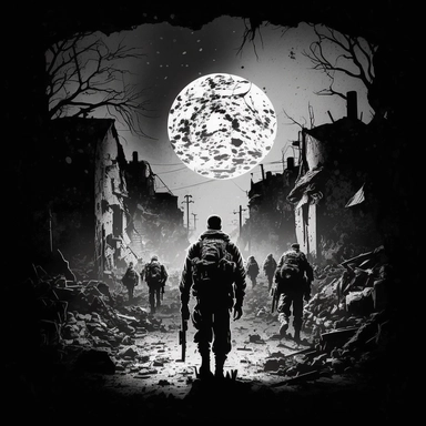 Creative graphic design, design, WW2, A group of soldiers with an M4 weapon, upper drone view, a tired faces, Walking in an open area in the middle of a refugee camp, lots of pipe bombs scattered in the area, full moon black and white, wrecked streets, dead body, explosions in the background, a war zone, scattered, on a refugee camp, war, dead people, dark sky, no hope, sepia colors, black and white, dark, deep pain, people in tremendous suffering, EPIC, Dark collage, clipart, graphic, illustrat