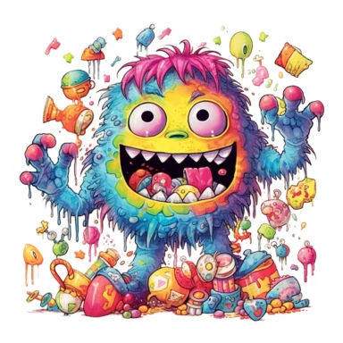 retro vintage antique horror kawaii single monster clipart surrounded by a white background, rotten, ben templesmith, lisa frank, frank frazetta, richard scarry, clean border, white background
