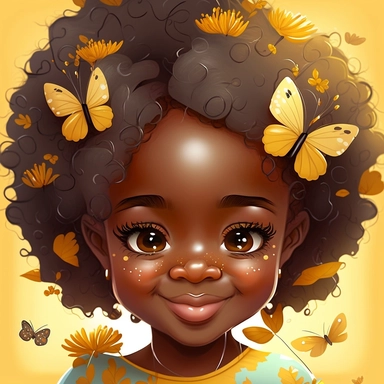 melanin little girl african american clipart close up smile wight background with simmetrical beautiful face and little butterflies sunflavers pixar cartoon style