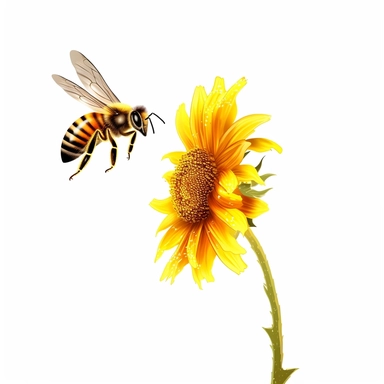 small honey bee flying over yellow vertical sunflower with stem, vector clipart, saturated yellow colors, isolated on white background, uhd, sharp detail
