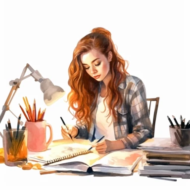 watercolor style, teenage girl learning at the perfectly organized desk, realistic, clipart, isolated on white background, 4K