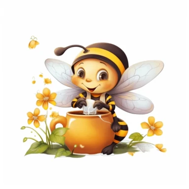 cute bee with honey pot eating honey and flowers realistic white background cartoon style Sublimation Clipart Graphic