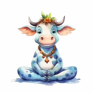 watercolor clipart image with a white background, featuring a cute cartoon cow peacefully meditating