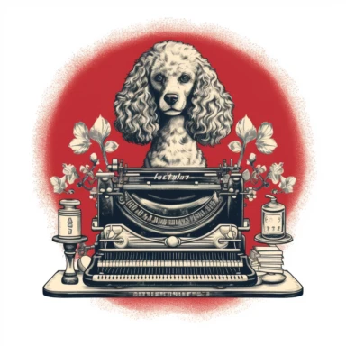 simple clipart of poodle typing on an old typewriter, make the image so it is oval, like an icon type image, with the words nearby snipoodle in big letters