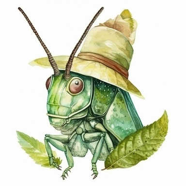 Enchanting green grasshopper with a leaf hat, watercolor, clipart, on isolated on white background.