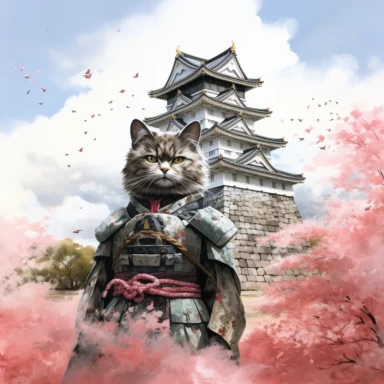 cherry blossoms laden on Osaka Castle Bottom, cheerful Ragdoll Cat cosplay wearing a samurai armor, Clipart Watercolor By Yuzo Komori. clean line, white background, spaced out