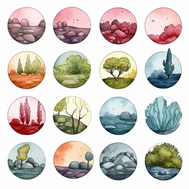 Watercolor wax seal , illustrations clipart set, simple , cartoon elements, rocks, bushes , different variants , , separate elements with a margin