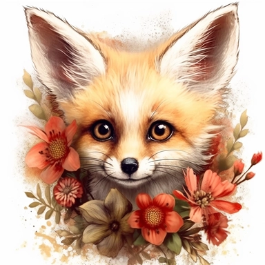 lashes, super lovely, nursery, close-up of an fennec foc, flower. The red panda has fluffy fur with black markings, large ears, and bright eyes. It is standing on top of a white background. vintage clothing hyper realistic 8k clipart
