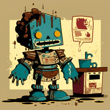 garbage pale kids format, pop surrealism digital art image of broken down, old, rusting, cartoonish, humanoid robot wearing tattered, McDonalds style uniform, made of human clothing. The robot is in an art style inspired by artists like Tara McPhereson, Nooligan, and Robin Eisenberg. To be used for digital clipart. Use dull, 1970's style, yellow, green, brown color scheme for the robot. The robot works at a fast food restaurant and is serving a giant footlong sandwich from behind the counter of 
