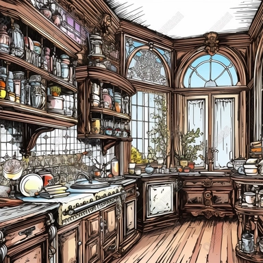 vector graphic, watercolor, realistic fairytale victorian kitchen, rococo, bright pastel colors, dark wood, thick black outlines, contour, vector, clipart, white border background, hd