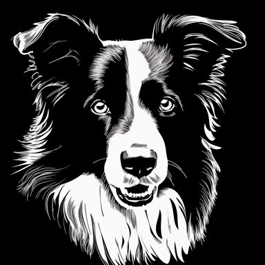 the image of a white Border Collie on black is shown, in the style of stencil art, heavy outlines, flickr, hard edge, sculpted, woodcut, clipart cut file cuttable cricut vector