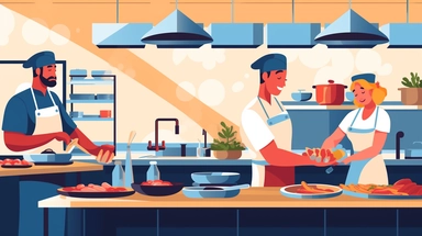 clipart scene of a kitchen staff working together in a restaurant kitchen, Alegria style, corporate memphis style, flat art, bold colors, upbeat, happy, friendly, high resolution, 8k
