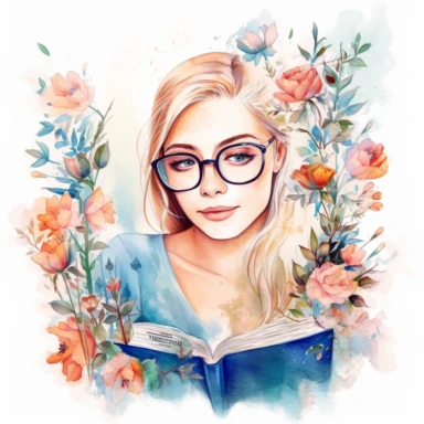 a watercolor painting which shows a close up portrait of beautiful attractive woman with blond hair reading a book with a hypnotising look, wearing is reading glasses. she looks very interested and happy and the clipart is surrounded by flowers and books. the atmosphere is focused and peaceful andmotivational . the picture is painted in a beautiful floresque and office style and is on a White background in the center of the image and the color palette is bright blush beige and pink.