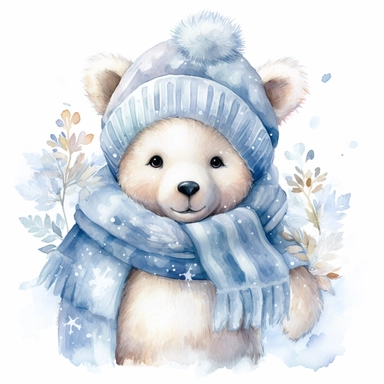 a delightful watercolor clipart image with a white background and white margins, portraying a baby bear dressed in cozy winter attire, complete with a scarf and earmuffs, surrounded by snowflakes. The ultra-detailed, hand-drawn elements capture the coziness and warmth of the baby bear. Use cool shades of blue and white to create a visually appealing and wintery image that conveys the charm and comfort of the season.