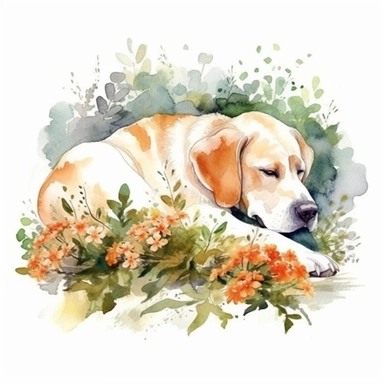 Lazy Dog Sleeping in garden over Flowers and Leaves ,Isolated,Watercolor Clipart
