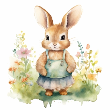 watercolour clipart illustration of cute shy modest baby bunny looking to the left wearing beautiful detailed cute big dress, standing in woodlands background on grass with flowers on white background, in the style of hyper-realistic animal illustrations, i can't believe how beautiful this is, childlike illustrations, close up, earthy tones