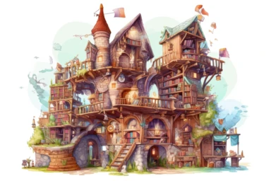 A vector clipart of a magical library in a fantasy village, filled with bookshelves, floating books, and mystical artifacts, in the style of enchanting and whimsical vectors, viewed from a studious angle, hd, spaced out, on a white background