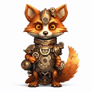 friendly fox with big cute eyes, standing up, in the style of steampunk, clipart, white background, lots of cogs