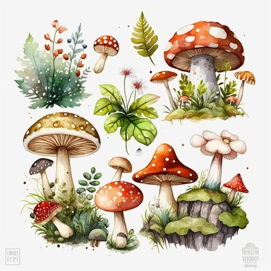 large, Watercolor graphic, Mushrooms Clipart - cute forest nature toadstool clip art, white background, landscape, clump of mushrooms, moss, woodlands