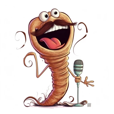 a long brown earthworm with a big upper lip and oversized mustache singing in a microphone clipart white background