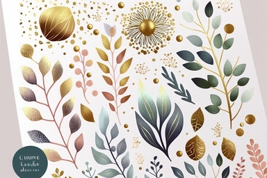 beautiful doodle foliage clipart elements, metallic spring hues with golden accents, handpainted, watercolor texture, shiny sparkly gold glitter, soft brush strokes, clipart on white background with free margins, sharp focus
