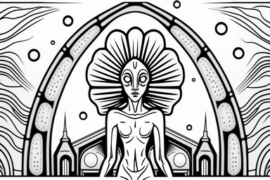make it an alien church Contour Drawing, in the style of line art coloring page for adults, entirely black and white only, vector drawing style, clipart, white background