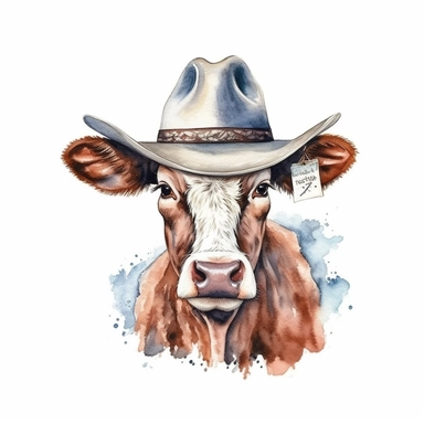 Painted illustration cow with cowboy hat, clip art, digital art, HD, white background, watercolor, clean line art