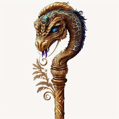boho GOLD staff with COBRA HEAD, very detailed and realistic, watercolor, portrait , white background with margins, clipart style,