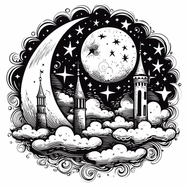 black and white vector icon clipart of a crescent moon and clouds , black and white, in the style of Aubrey Beardsley, white background, NO PEOPLE