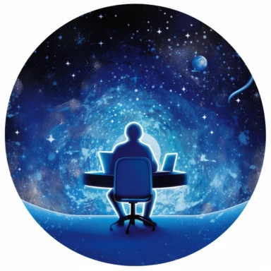 a clipart style image showing an aerial, circular view of a single human figure sitting at a desk and using a computer. The background is a galaxy starscape
