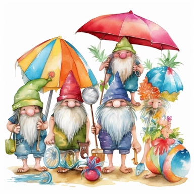 Watercolor painting clipart of gnomes ready for the beach, with flip flops, beach balls, margaritas, sunshine, towels, sunglasses, strong colors