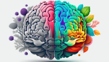 human brain half is grey and dull other half colourful flowering in beautiful patterns, clipart,