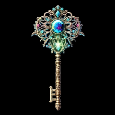 A mesmerizing clipart showcasing a legendary fairy tale tool: a shimmering and ornate key of wondrous proportions. The key should possess intricate details, such as delicate engravings depicting mythical creatures or symbols of magic. Its handle should be crafted from a rare and iridescent material, radiating an ethereal glow. The teeth of the key should be intricate and unique, as if they hold the secrets to unlocking mystical realms. Place the key against a pristine white background.