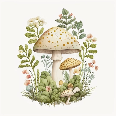 woodland mushroom, archive illustration, cute, white background, clipart