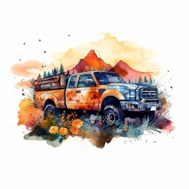 water color offroad floral advventure car 4*4 vehicle truck between high mountains and trees, vivid colors, sunset, clipart, hd, white background