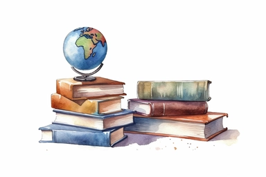 Vintage books stacks and globe. Watercolor hand painted school concept illustration. isolated on white background, Book lover design. Education themed clipart. ,
