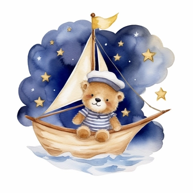 night sky clouds and a swarm of golden stars. a cute plushie sailor bear in a striped blue and white shirt and a sailor hat, in a wooden sailboat with a white sail, sailing on fluffy clouds not sea. dreamy. prominent visible brush strokes, watercolour texture, watercolor clipart png on white background