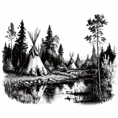 clipart, tipis by a creek, ink style drawing, black and white