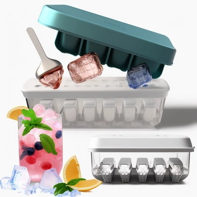 In the Amazon product main image, use a white background image to display the push-type double-layer ice maker, the lid is navy blue, the ice box tray is transparent, and it is equipped with two round ice ball molds in pink and blue, as well as ice clips and ice scoops , so that consumers can better enjoy ice cubes in the coolness of summer. Please make sure that the product image shows how to use the ice box, and highlights its push-type design, and displays the various parts of the ice box in 
