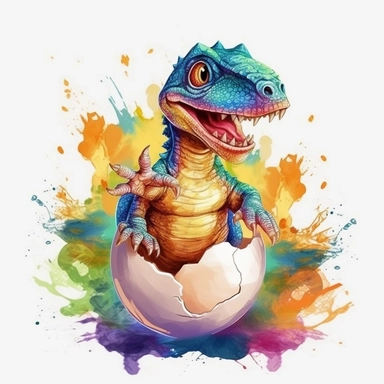 t-rex baby cute dinosaur hatching from egg, realistic, kids cartoon sublimation watercolor clipart design