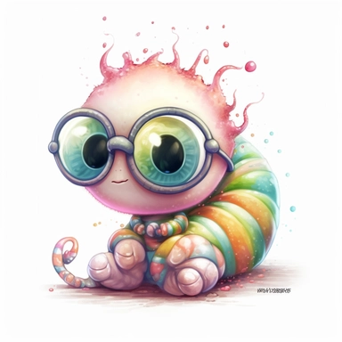kawaii adorable fantasy baby worm wearing cute glasses, nursery art, clipart image, line art image, white background, inspired by yoshitaka amano art, very detailed, 8k