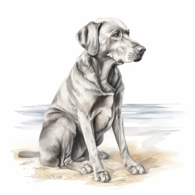 Hand drawn silver Labrador, at the beach, very detailed and realistic, watercolor, white background with margins, clipart style