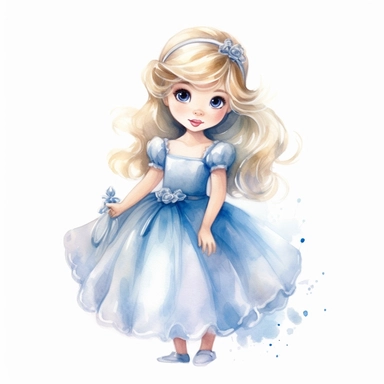 Toddler princess Cinderella cartoon watercolor, round face delicate her long hair sharp and detailed her outfit like the original princess, character should be well drawn with soft tones a very clear smile confident and a head lightly painted in watercolor the character is a one year old baby should be on a white background clipart