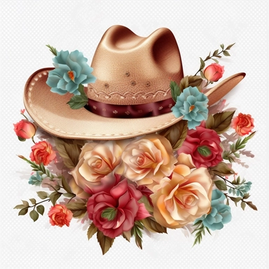 clipart, vector, cowgirl hat with roses on it, separate each element, transparent background.