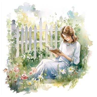 beautiful girl reading in a garden with floral fence, illustration for book lover, in the style of romantic academia, pretty, realistic watercolor paintings, transparent/translucent medium, clipart, isolated on white background, pont-aven school, dusty piles, optical