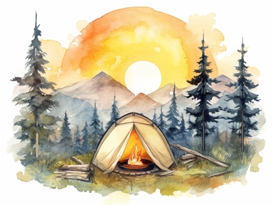 camping tent with a tree and mountains in the background, logs around a campfire stove, campfire far from tent, sun in the sky, watercolor clipart,