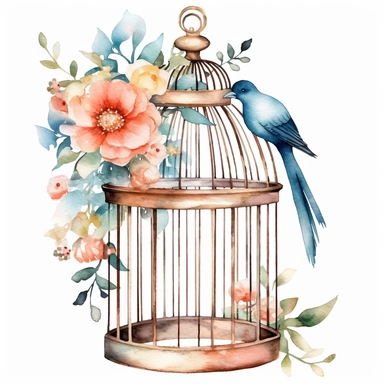 A boho-style birdcage clipart, white background, watercolor drawing
